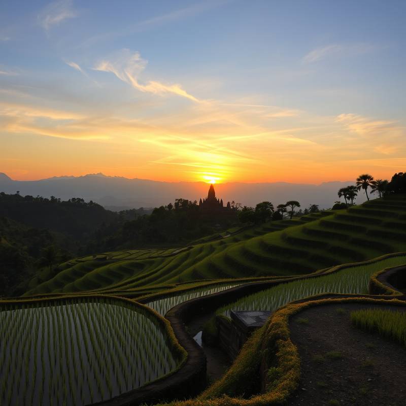 Campos de arroz escalonados en Bali, Indonesia, con un templo balinés en la distancia