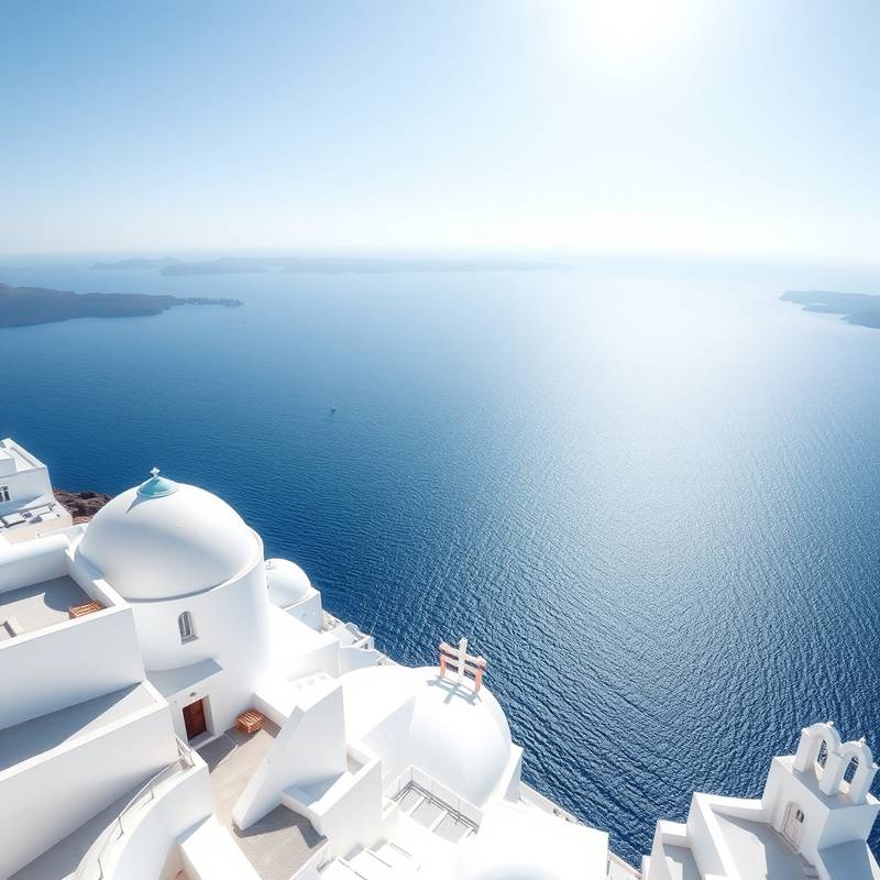Casas blancas en Santorini con vista al mar Egeo azul profundo