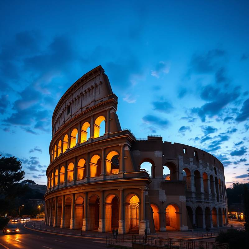 El Coliseo romano iluminado al anochecer, Roma, Italia