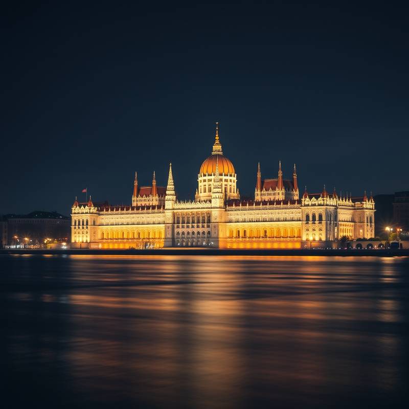 El Parlamento de Budapest iluminado a orillas del río Danubio, Hungría