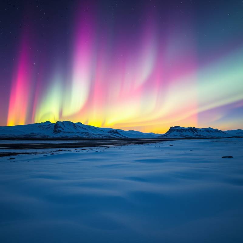 Fotografía de la aurora boreal danzando sobre un paisaje nevado en Islandia