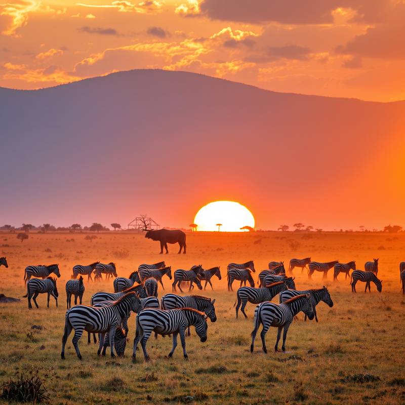 Fotografía de la sabana del Serengeti con una manada de cebras pastando al atardecer