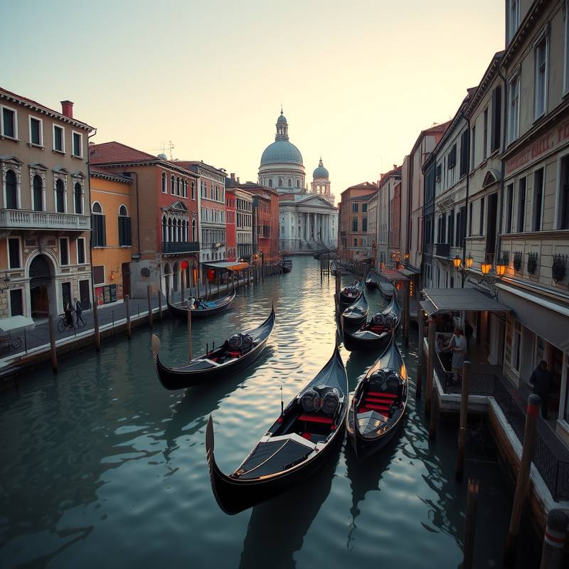 Fotografía de un canal veneciano al amanecer con góndolas y edificios históricos