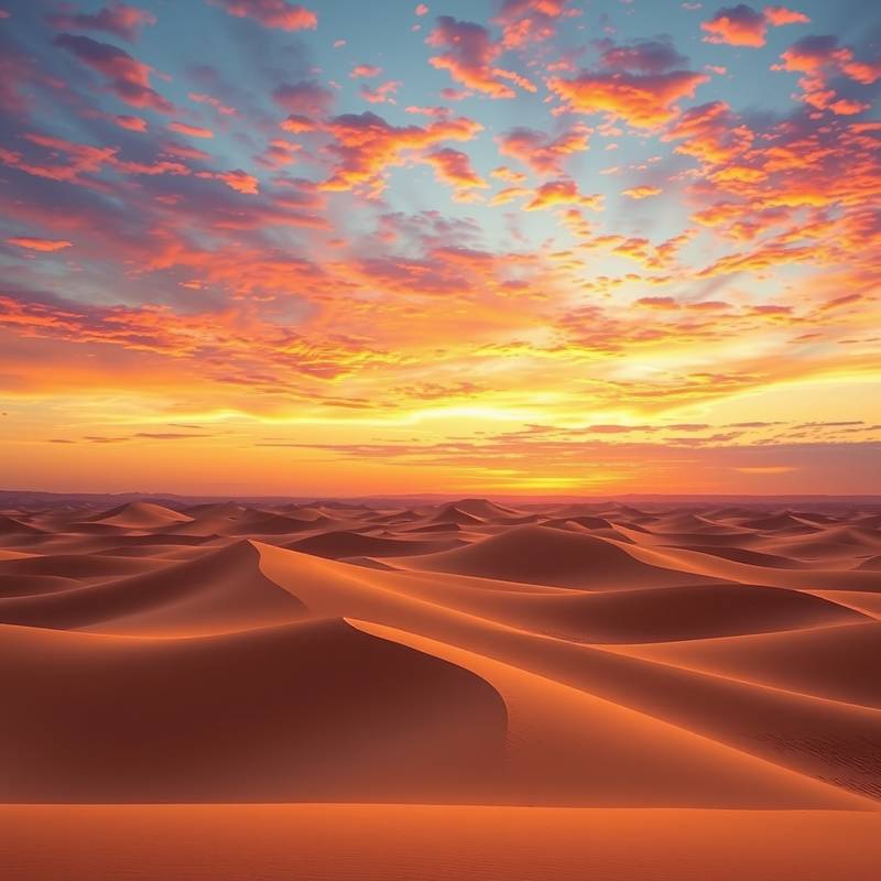 Fotografía del desierto del Sahara al atardecer con dunas de arena onduladas y un cielo colorido