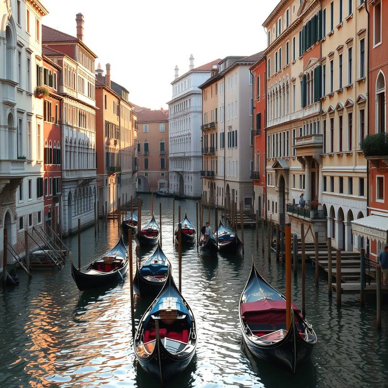 Góndolas navegando por los canales de Venecia, Italia, con edificios históricos a los lados
