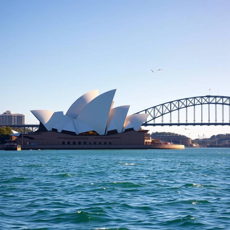 La Ópera de Sídney y el Puente del Puerto de Sídney vistos desde el agua, Australia