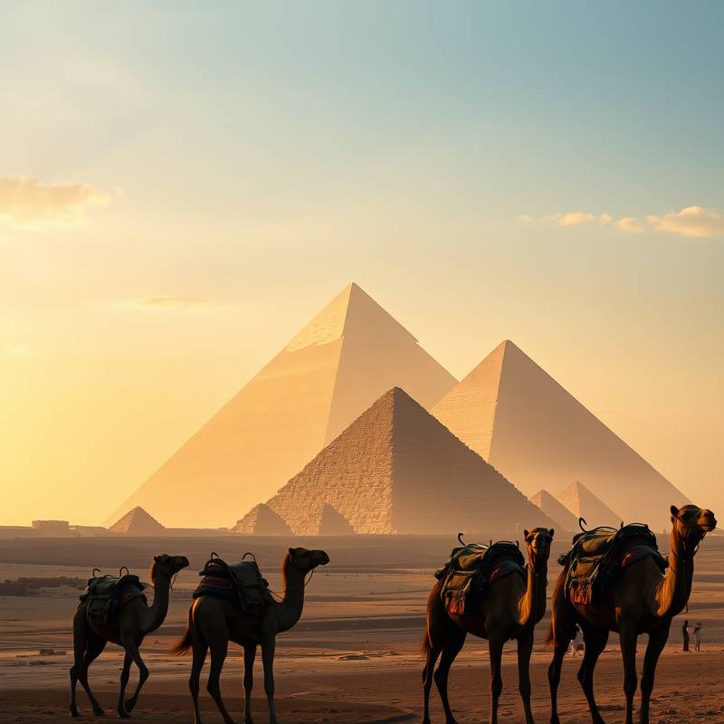 Las pirámides de Giza con camellos en primer plano, El Cairo, Egipto.
