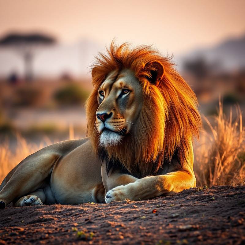 Un león macho descansando en la sabana africana durante un safari, Tanzania