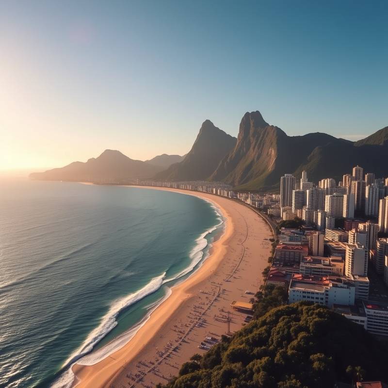 Vista aérea de la playa de Copacabana en Río de Janeiro, Brasil, con el Pan de Azúcar al fondo