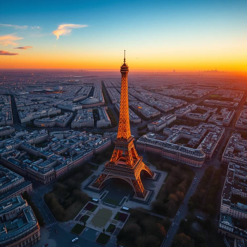 Vista aérea de la Torre Eiffel iluminada al atardecer, París