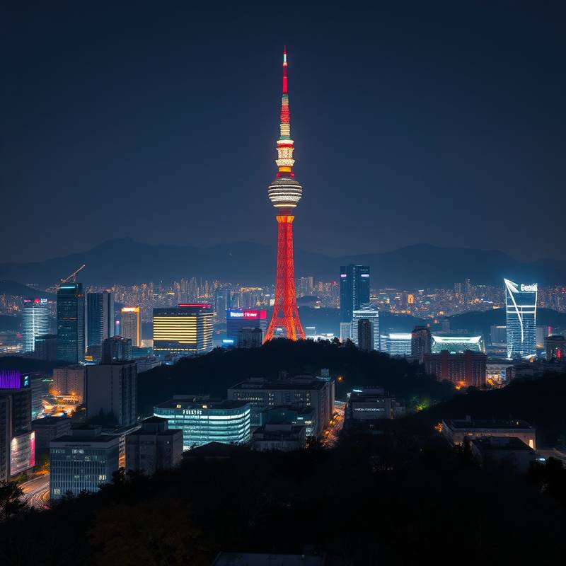 Vista nocturna de Seúl, Corea del Sur, con la Torre N de Seúl iluminada.