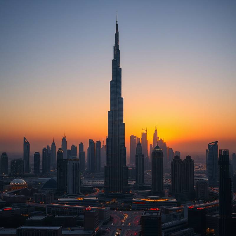 Vista panorámica del horizonte de Dubái al atardecer, con el Burj Khalifa destacando sobre los demás edificios